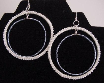 White and Blue Crocheted and Beaded Hoop Earrings Item #E032