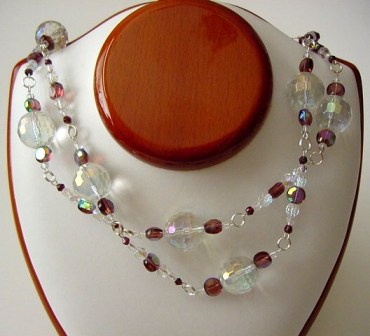 Clear Crystal Balls & Purple Beaded Necklace Item #N056