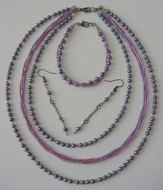 Gray Pearl & Pink Beaded Necklace, Bracelet & Earrings Set Item #NBEs007