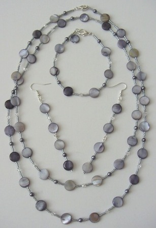 Gray Mother Of Pearl, Gray Pearl, & Crystal Beaded Necklace, Bracelet & Earrings Set Item #NBEs009