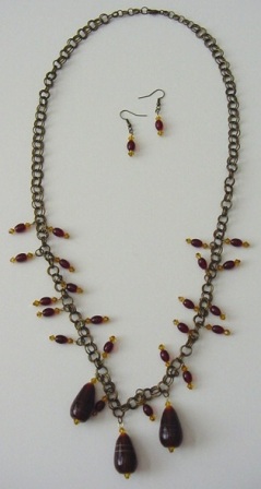 Antique Gold w/Garnet & Amber Beaded Necklace & Earrings Set Item #NEs004