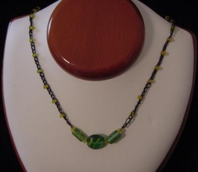 Black w/yellow & green beaded & crocheted necklace - Item #CrN003