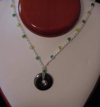 White w/Green & Green Beaded & Crocheted Necklace w/Circle Hematite - Item#CrN013