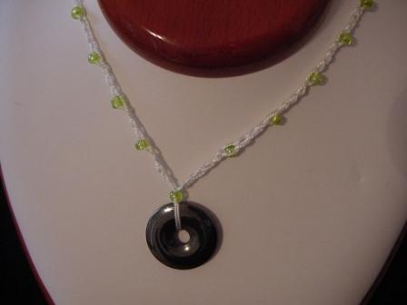 White w/green beaded & crocheted necklace w/circle hematite