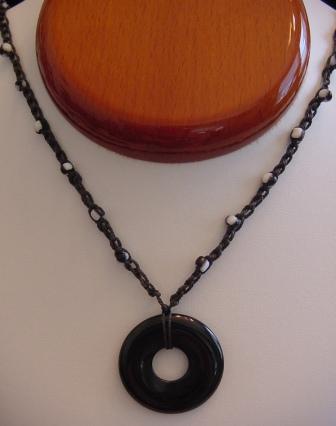 Black w/BlackNwhite Beaded & Crocheted Necklace w/Black Disc Item #CrN035