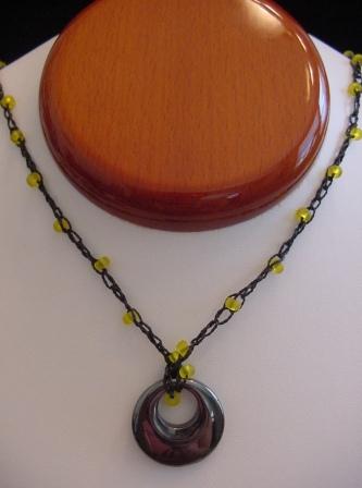 Black w/Yellow Beaded & Crocheted Necklace w/Circle Hematite Item #CrN037