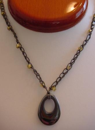 Gray w/Yellow Beaded & Crocheted Necklace w/Oval Hematite Item #CrN041