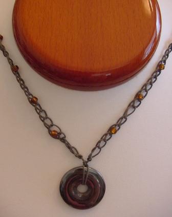 Gray w/Root Beer Brown Beaded & crocheted Necklace w/Circle Hematite Item #CrN048
