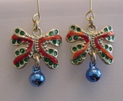 Small Christmas Bows w/Mini Blue Jingle Bells Earrings Item #E-C016