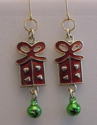 Red Present w/Mini Green Jingle Bell Earrings Item #E-C0018