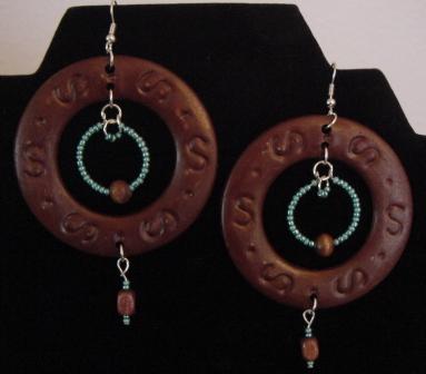 Lg Wood & turquoise hoop earrings Item #013
