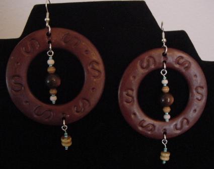 Lg Wood & turquoise dangle earrings Item #014
