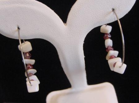 Mother of Pearl Chip and Red Beaded Hoop Earrings