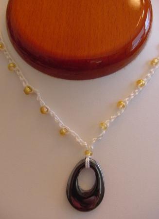 White w/Yellow Beaded & Crocheted Necklace w/Oval Hematite Item #CrN045