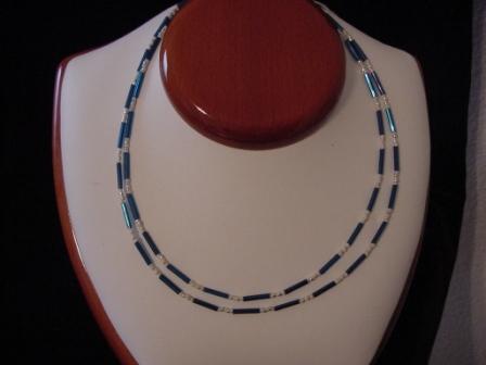 Blue, silver, & white beaded necklace